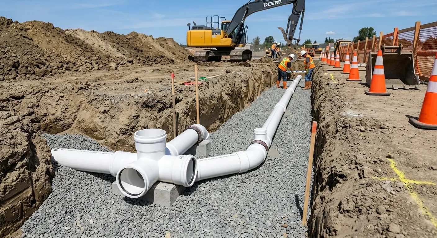 New PVC sewer pipe installation in open trench for Sewer Backup in Broken Arrow